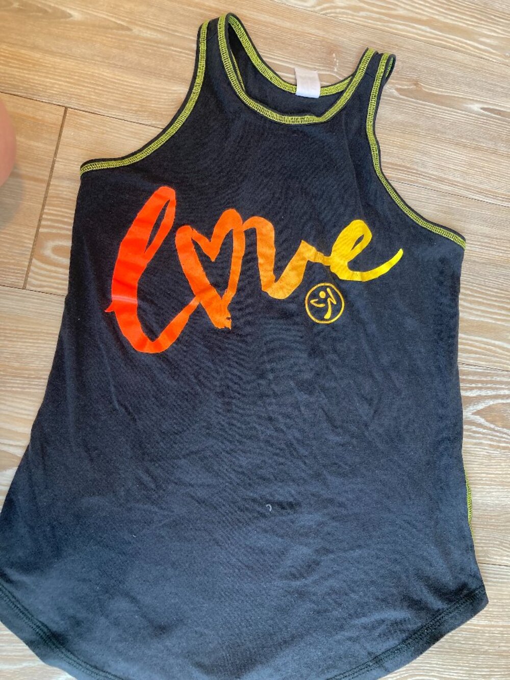 Zumba Instructor Tank Top Black with Orange & Yello Letters Fitted Size Small